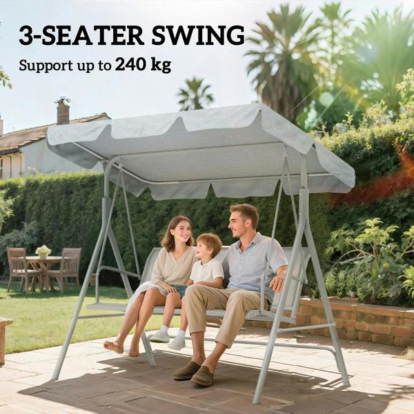 Light grey 3-seat swing bench with canopy cover, outdoor patio seating setup.