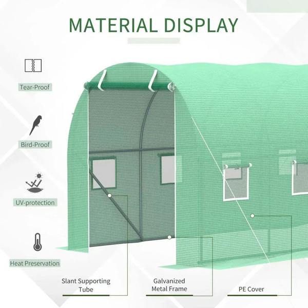 Green polytunnel greenhouse showing mesh cover, galvanized metal frame, and door section