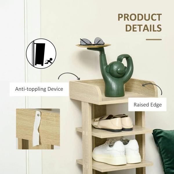 Oak seven-tier shoe rack with raised edge top and anti-tipping support