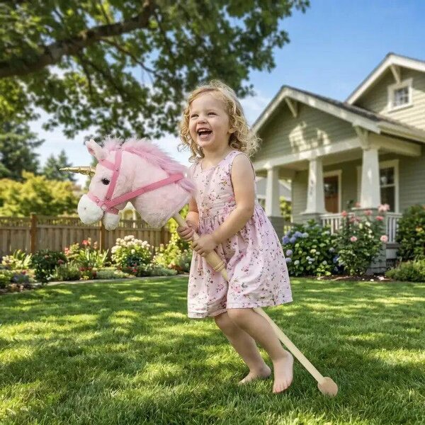 Hobby Horse with Wood Wheels, Stick Horse with Grip Handle, Sound, Plush Hobby Horse Toy for Imaginative Play, Pink - Pink