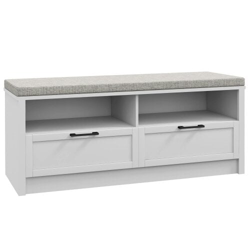 Wyld Haus Noma Wooden White Shoe Bench With Grey Cushion2 Shelves 2 Drawers