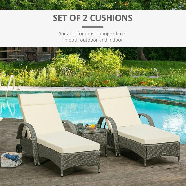 Set of 2 cream white sun lounger seat cushions with backrest and tie straps