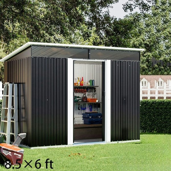 8.5X4ft/ 8.5X6ft Metal Garden Bike Sheds Storage Shed with Lockable Sliding Doors Garden Sheds Living and Home 8.5X6ft 