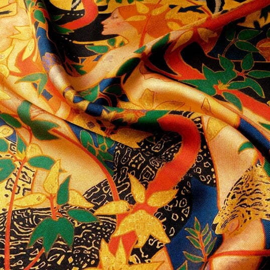 Otway & Orford 'The Hunt' silk pocket square in gold, orange, green & blue (42 x 42cm)