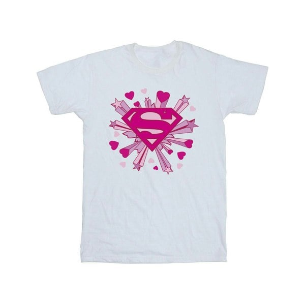 DC Comics Girls Superman Pink Hearts And Stars Logo Cotton T-Shirt - White