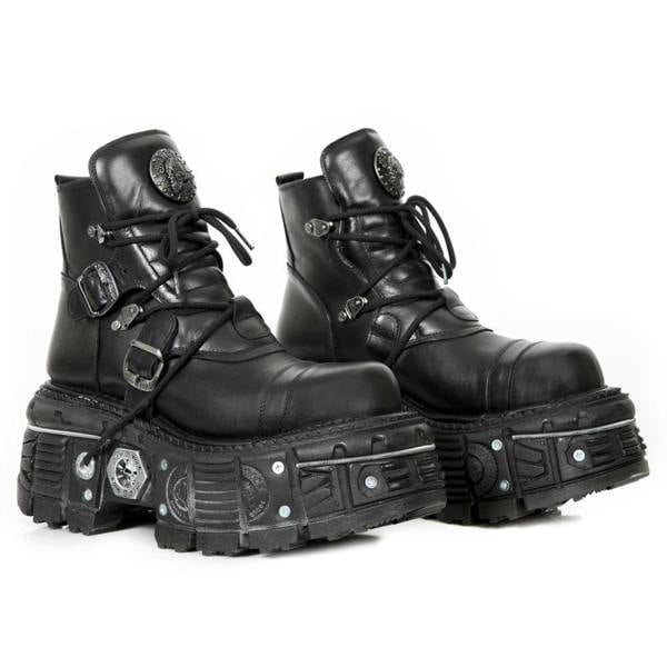 New Rock M-TANK007-S1 Black Leather Gothic Combat Platform Ankle Boots
