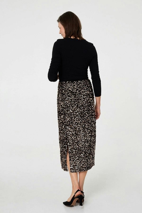 Black | Sequin Embellished High Waist Midi Skirt
