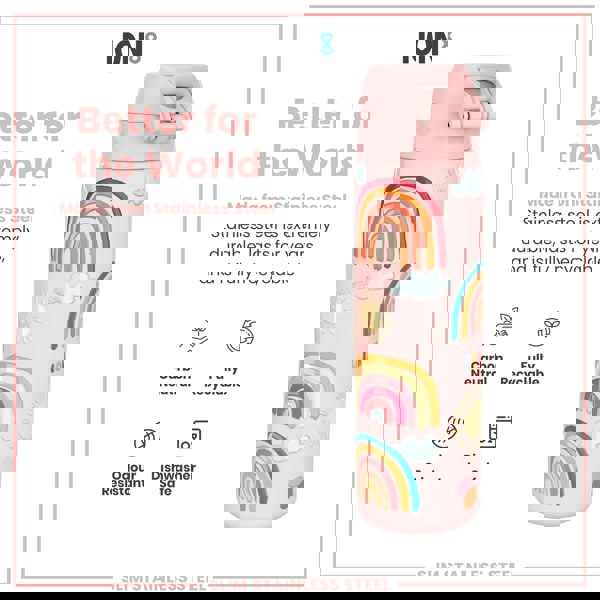 A pink stainless steel water bottle, featuring a rainbow design, sits against a white background. The bottle is described as durable, recyclable, carbon neutral, odour resistant, and dishwasher safe.