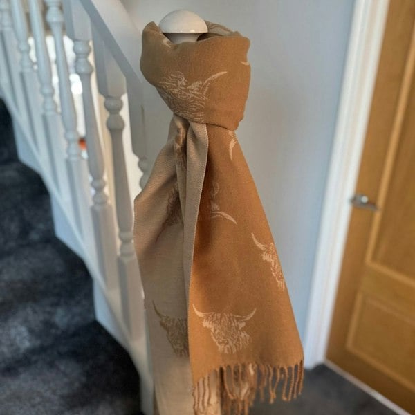 Love EMVY Highland Cow Scarf – Reversible Cashmere Blend Winter Wrap with Tassel Edge