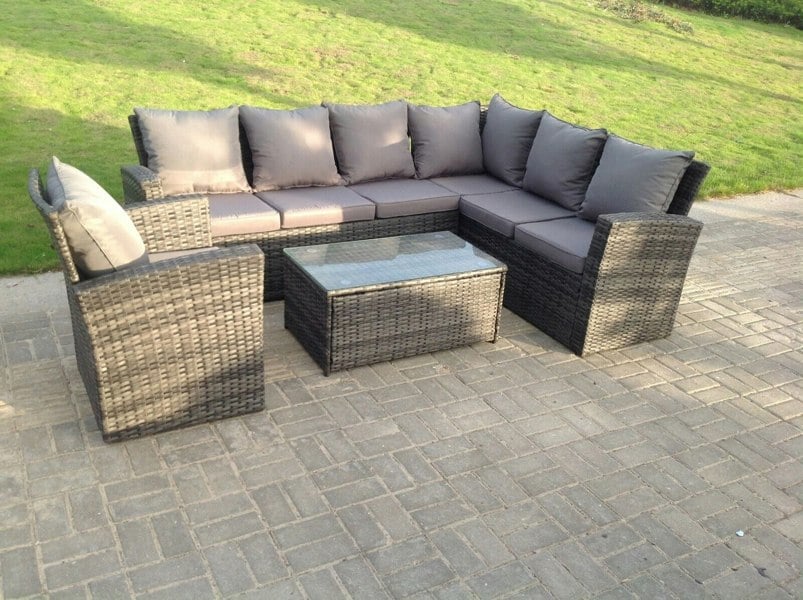 Fimous High Back Rattan Corner Sofa Set Oblong Coffee Table Outdoor Furniture dark Grey Right Option With Extra chair