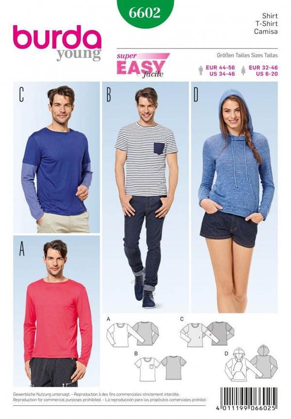 Burda Sewing Pattern 6602 Hoodies and Tops For Men and Women, 6-20 - 34-46 - Beginner, Easy