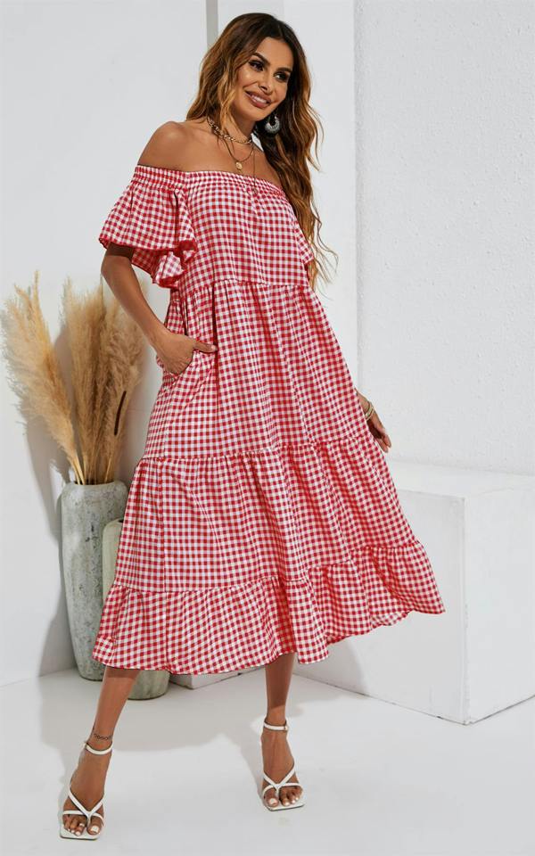 FS Collection Relaxed Off Shoulder Bardot Frill Midi Dress In Red