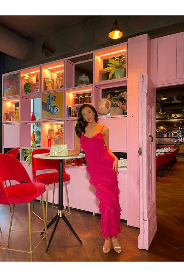 Gracie V-neck Tiered Ruffle Backless Maxi Dress - Cherry Red