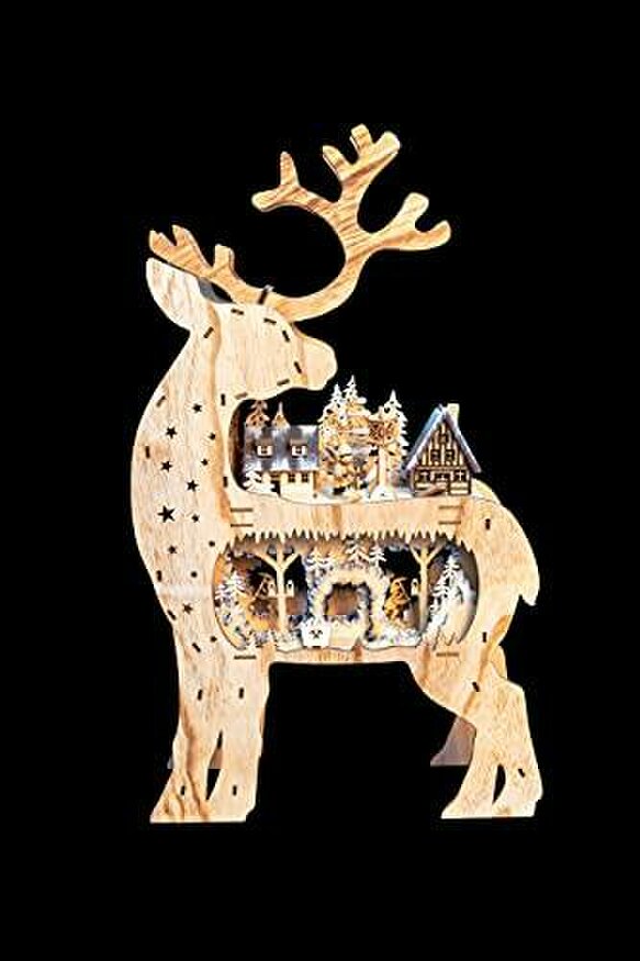 Shatchi 69cm Brown Wooden Laser Cut Reindeer Light with Village Scene and Warm White LEDs