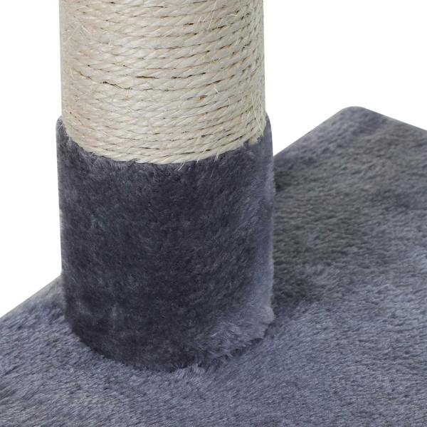 Sisal-wrapped post and dark grey carpeted platform on cat tree