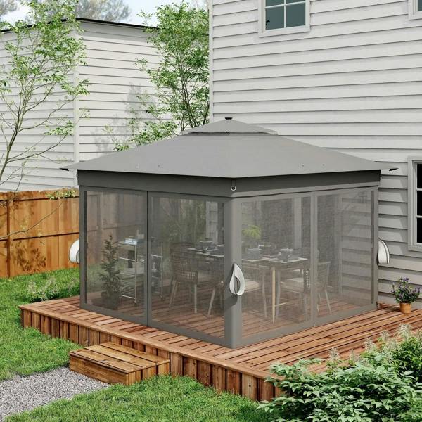Grey pop-up gazebo with netted side walls and curtains, set on an outdoor deck