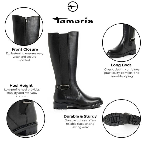 Tamaris Women’s Black Leather Knee High Platform Heel Long Boots - 25609-47