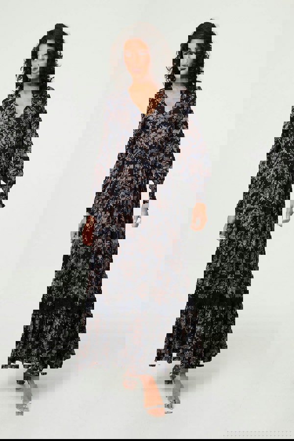 Navy | Floral Lace Long Sleeve Maxi Dress
