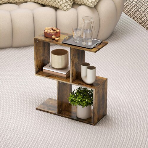 Wyld Haus Rose Wooden Rustic Brown Narrow S Shaped Side Table With 3 Tier Shelves