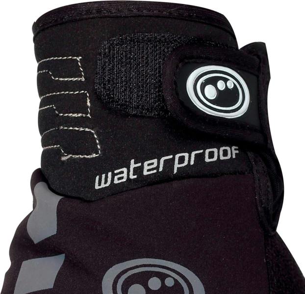 Close-up of black lobster glove cuff with wrist strap, logo badge and waterproof text, on white - Optimum