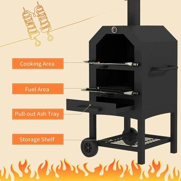 Black charcoal pizza oven grill with pull-out ash tray, fuel area, and storage shelf