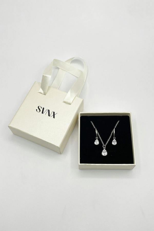 SVNX Rhinestone Teardrop Necklace & Earrings Set in Silver - Gift Boxed