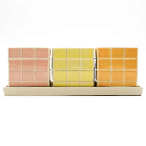 Upper Street Set of Three Warm Pastel Tile Design Ceramic Planters with Tray