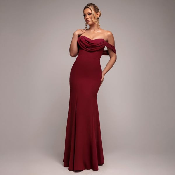Goddiva Chiffon Bardot Cowl Neck Maxi Dress - Burgundy Red by Goddiva