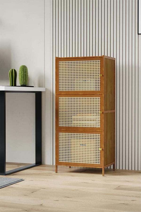 Living and Home 3-Tier Bamboo Bookcase Bookshelf Storage Rack with Doors