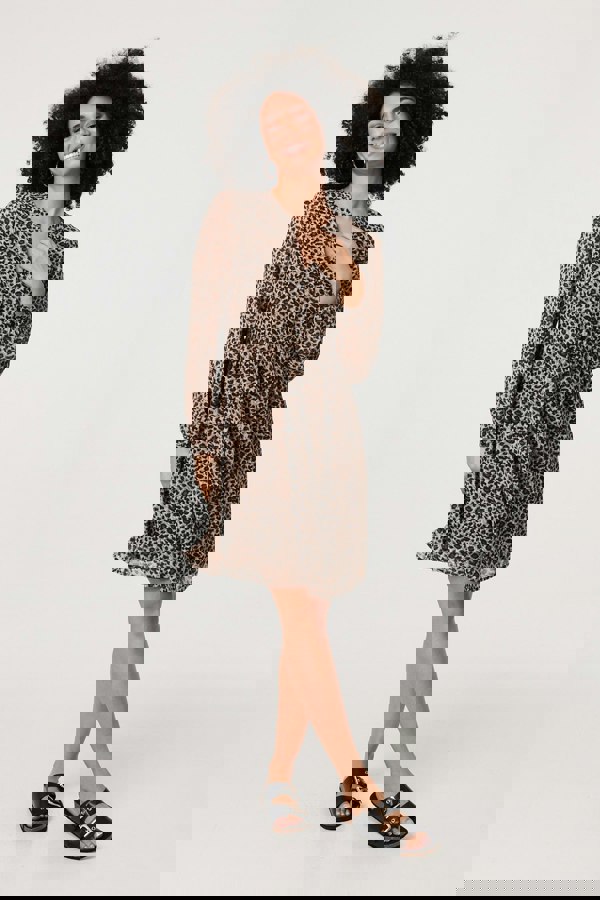 Beige | Animal Print Long Sleeve Short Dress
