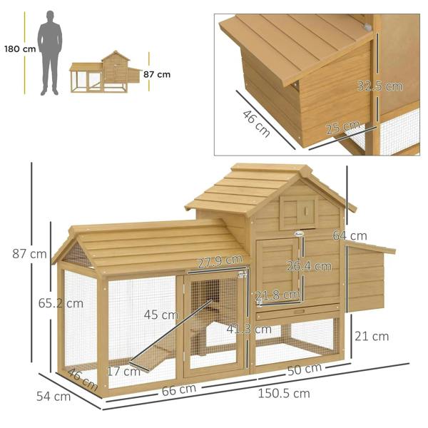 Wooden chicken coop with run shown with size measurements and nesting house
