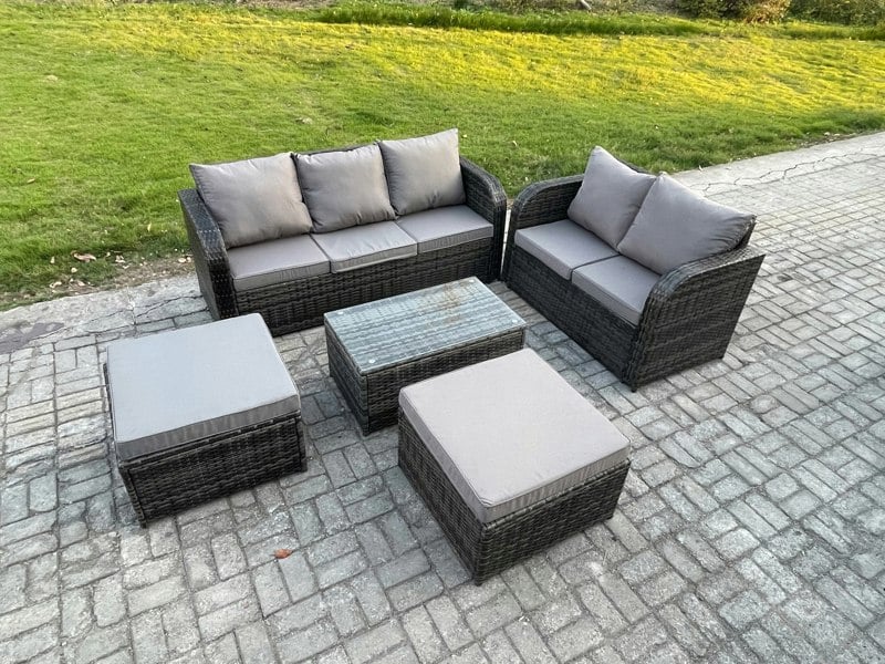 Fimous 7 Seater Rattan Wicker Garden Furniture Patio Conservatory Sofa Set with Rectangular Coffee Table 3 Seater Sofa Love Sofa 2 Big Footstool