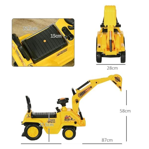 Yellow ride-on excavator tractor pull cart showing seat, bucket, and overall dimensions