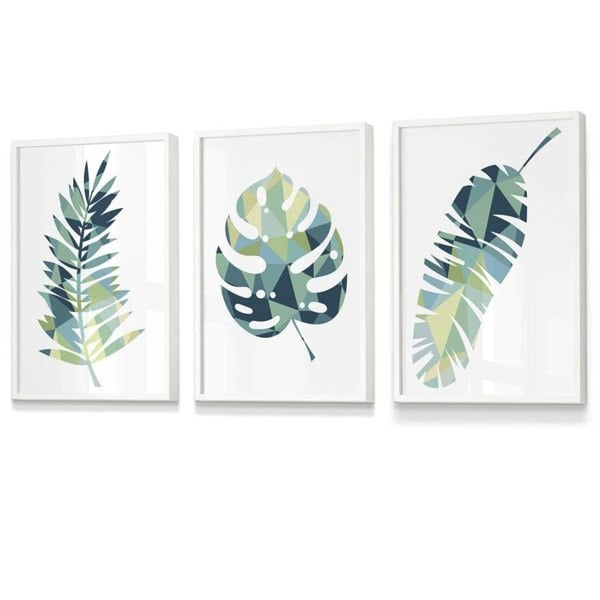 Framed Set of 3 Teal Blue Tropical Leaf Prints | Artze Wall Art UK