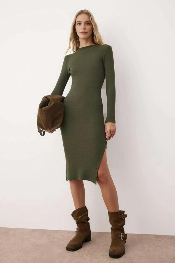 WOVCOR Crew Neck Midi Ribbed Stretch Knit Pencil Dress with Slit
