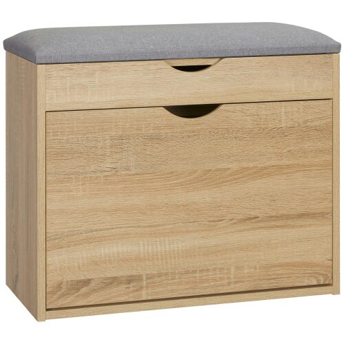 Wyld Haus Zielma Wooden Natural Shoe Bench With Flip Up Storage And Grey Cushioned Seat