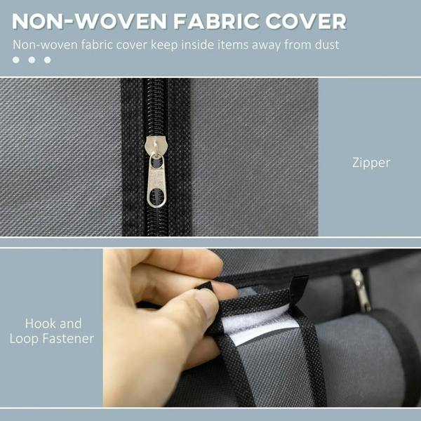 Dark grey non-woven fabric wardrobe cover detail with zipper closure.