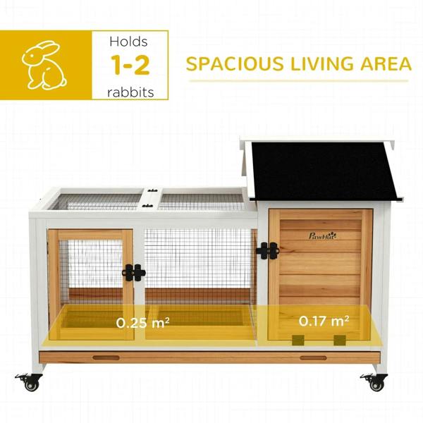 Wooden rabbit hutch with two open compartments, wire mesh panels, and sliding floor space