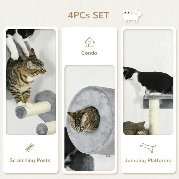 Grey wall-mounted cat tree set with scratching posts, condo tunnel, and jumping platforms