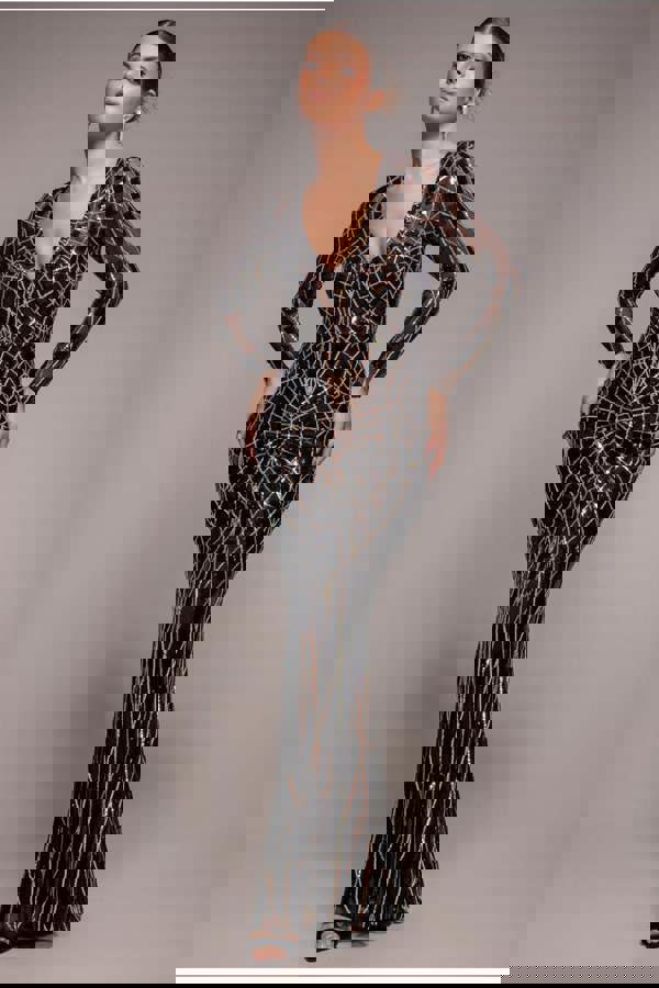 Geo Sequin Long Sleeve Maxi Dress - Black DR3495