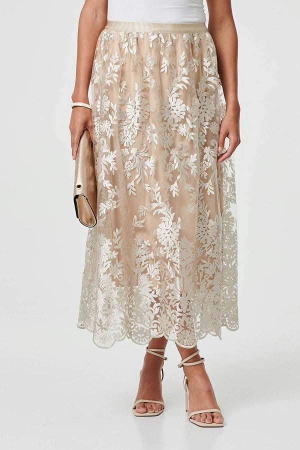 Cream | Floral Embellished High Waist Midi Skirt
