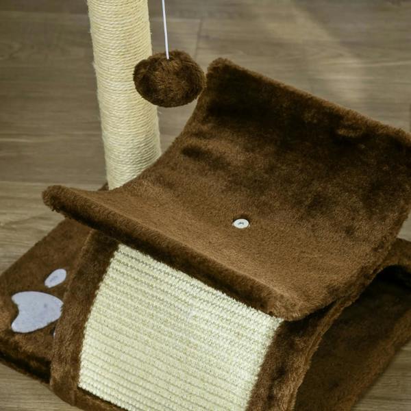 Brown sisal scratching platform with padded ramp and dangling ball on vertical post