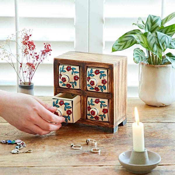 White floral mango wood 4 drawer jewellery box sustainable