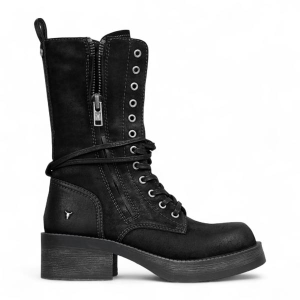 Windsorsmuth Gather - Women's Black Suede Mid-Calf Lace-Up Combat Boots