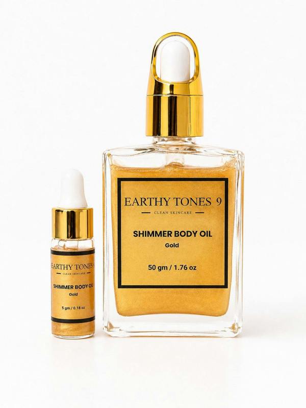 Earthy Tones 9 Shimmer Body Oil 50ml & 5ml bottles with gold cap and label on a white background.