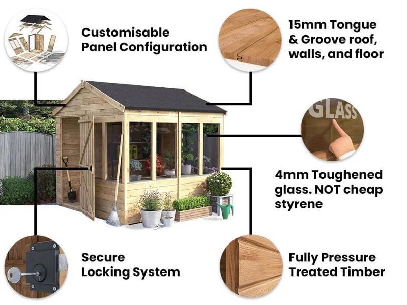 Dunster House Potting Shed Apex Roof W8' x D8' (W2.4m x D2.4m) Superfelt, Overlord Modular
