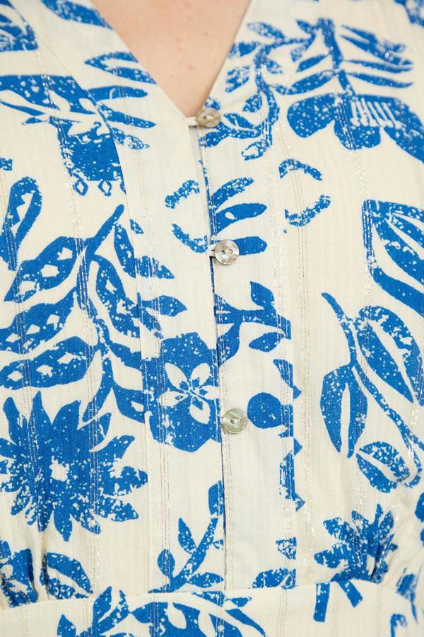 Mudflower Leaf Print Button-Up V-Neck Lurex Dress