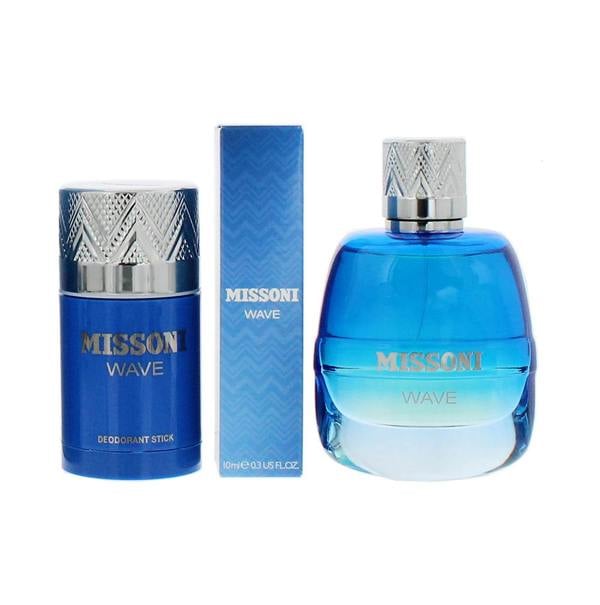 Missoni Wave Eau de Toilette 100ml, 10ml Travel Spray + Deodorant Stick 75g Gift Set for Him
