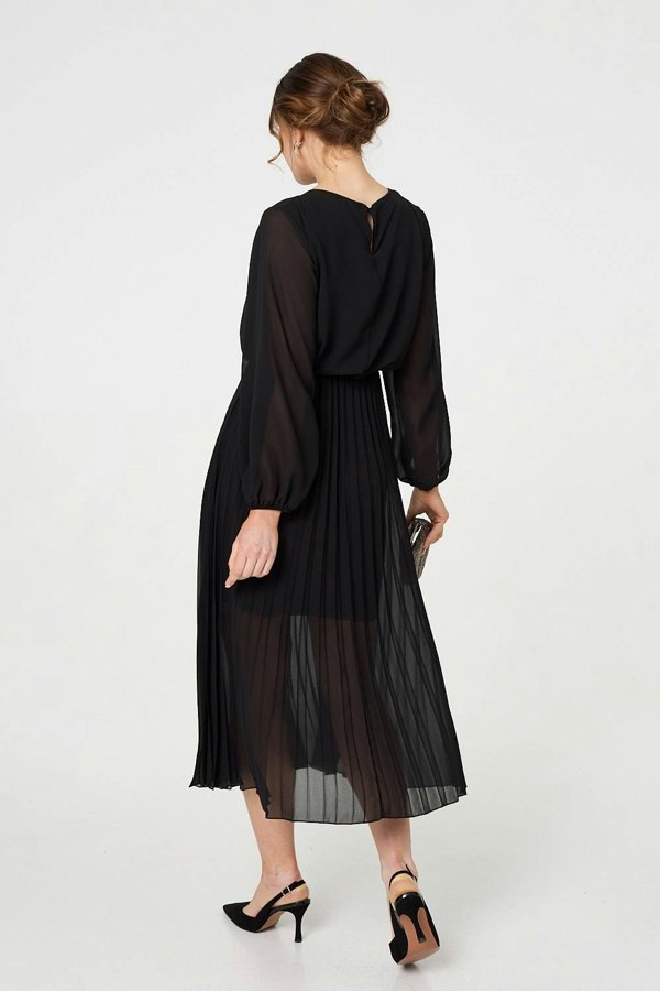 Black | Semi Sheer Pleat Long Sleeve Midi Dress
