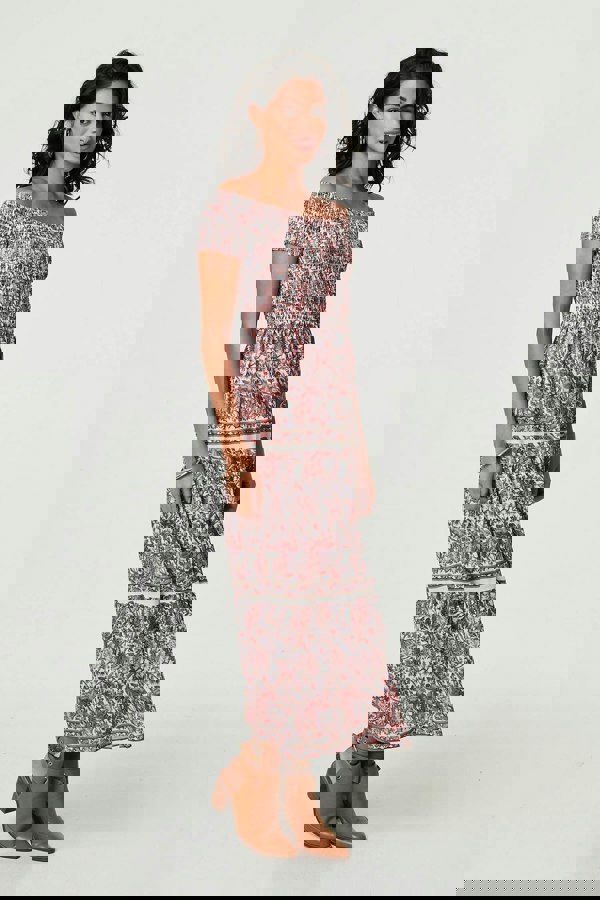 Pink | Ditsy Floral Bardot Smocked Midi Dress
